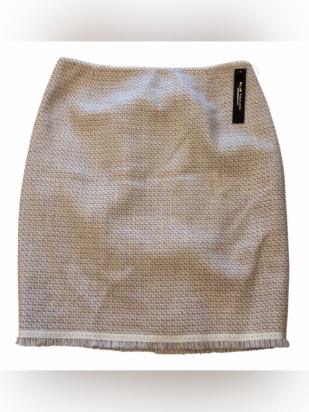 Elie Tahari Cream Textured Fringe Hem Pencil Skirt